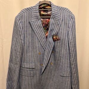 Tallia pinstripe sport coat.  Floral lining. Matching stitched pocket square.